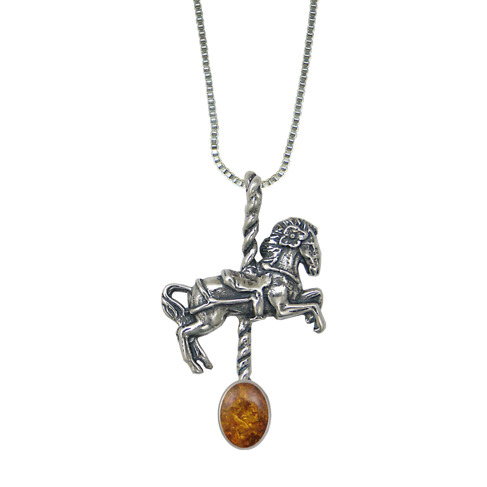 Sterling Silver Carousel Horse Pendant With Amber